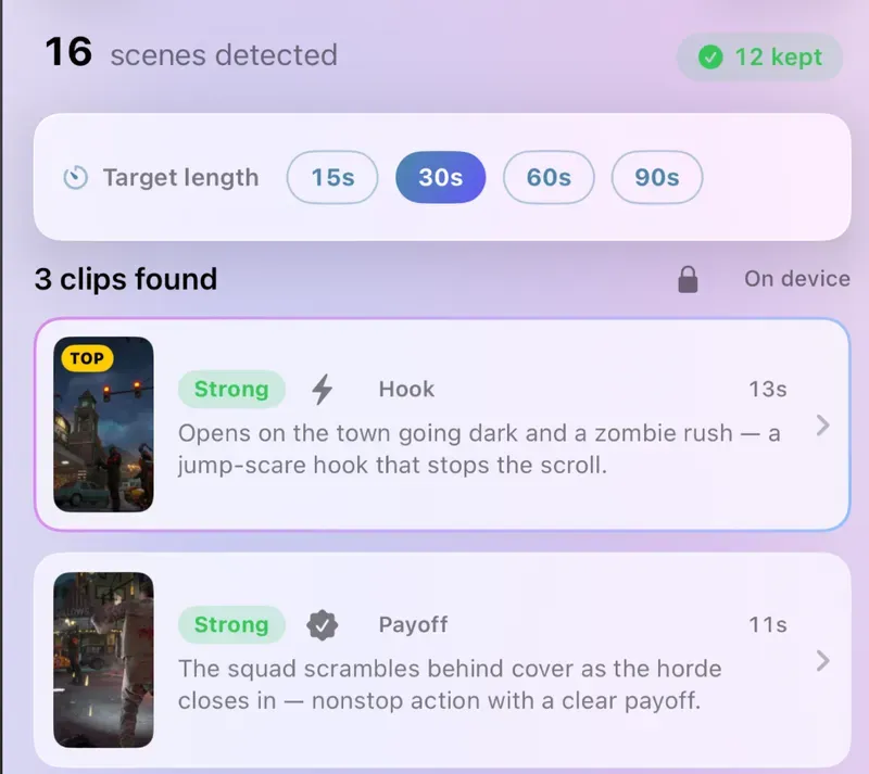 Clipolette on iPhone, Scene Detection: 16 scenes detected with 12 kept, target length 30s selected (15s, 60s and 90s offered), and 3 clips found on device, the first two rated Strong with the reason each was picked — a hook and a payoff.