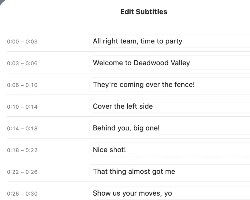 Clipolette for Mac, Edit Subtitles sheet: caption lines with their times, from 0:00–0:03 "All right team, time to party" to 0:26–0:30 "Show us your moves, yo", each in an editable field.