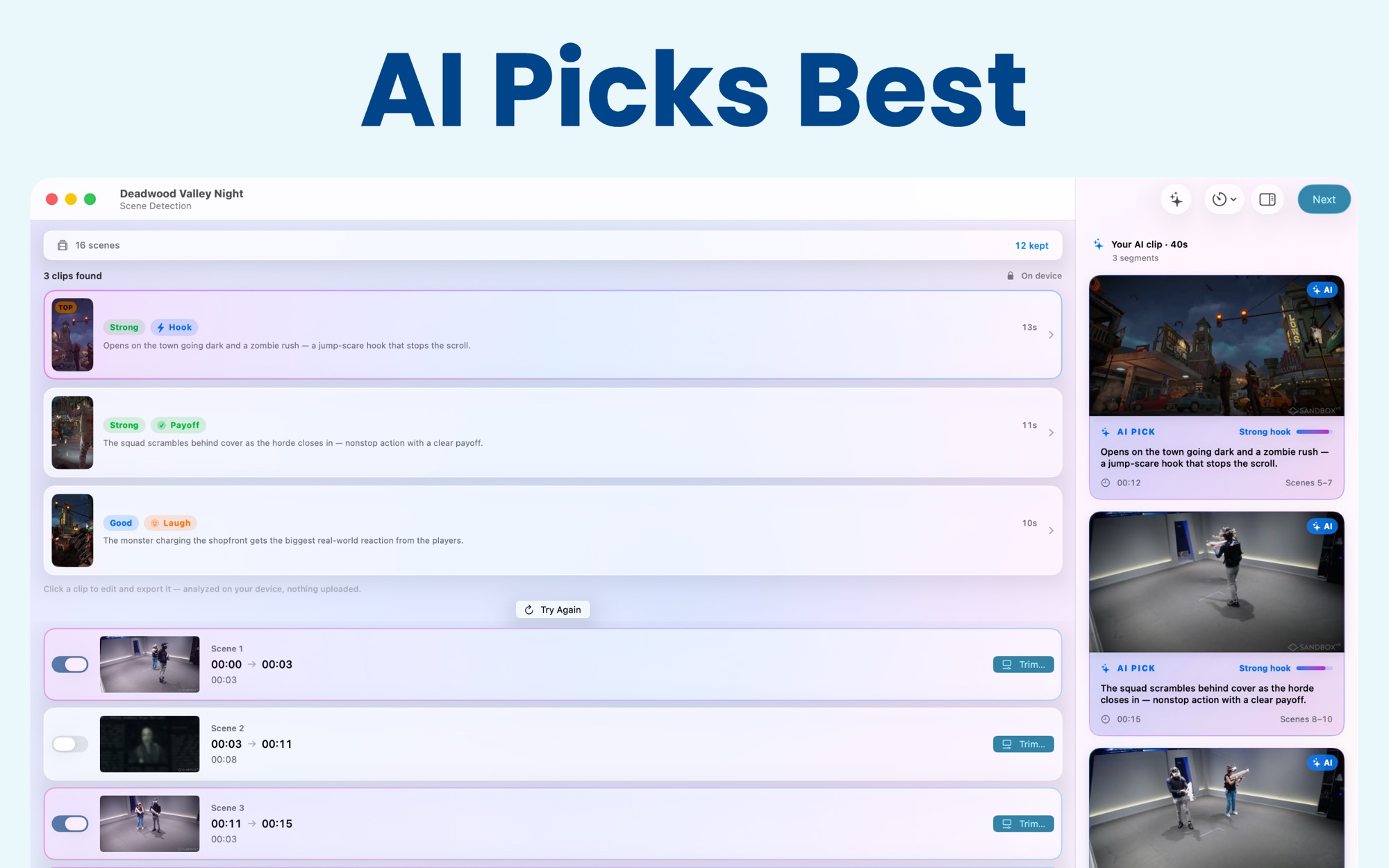 The Clipolette Mac app after scanning a gameplay recording: scene detection found 18 scenes and 3 clips, each AI pick labeled — strong hook, payoff, laugh — with a plain-language reason, an on-device badge, and vertical 9:16 previews ready to export.